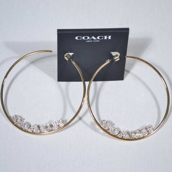 NWT COACH GOLD LOGO PAVE LARGE HOOP EARRINGS - Picture 2 of 7